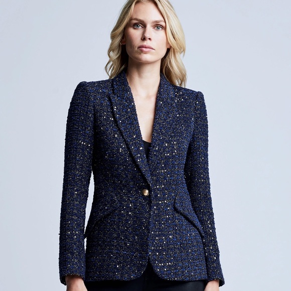 NWT L'Agence Chamberlain Sequin Tweed Blazer Jackrt In Navy - Picture 3 of 15